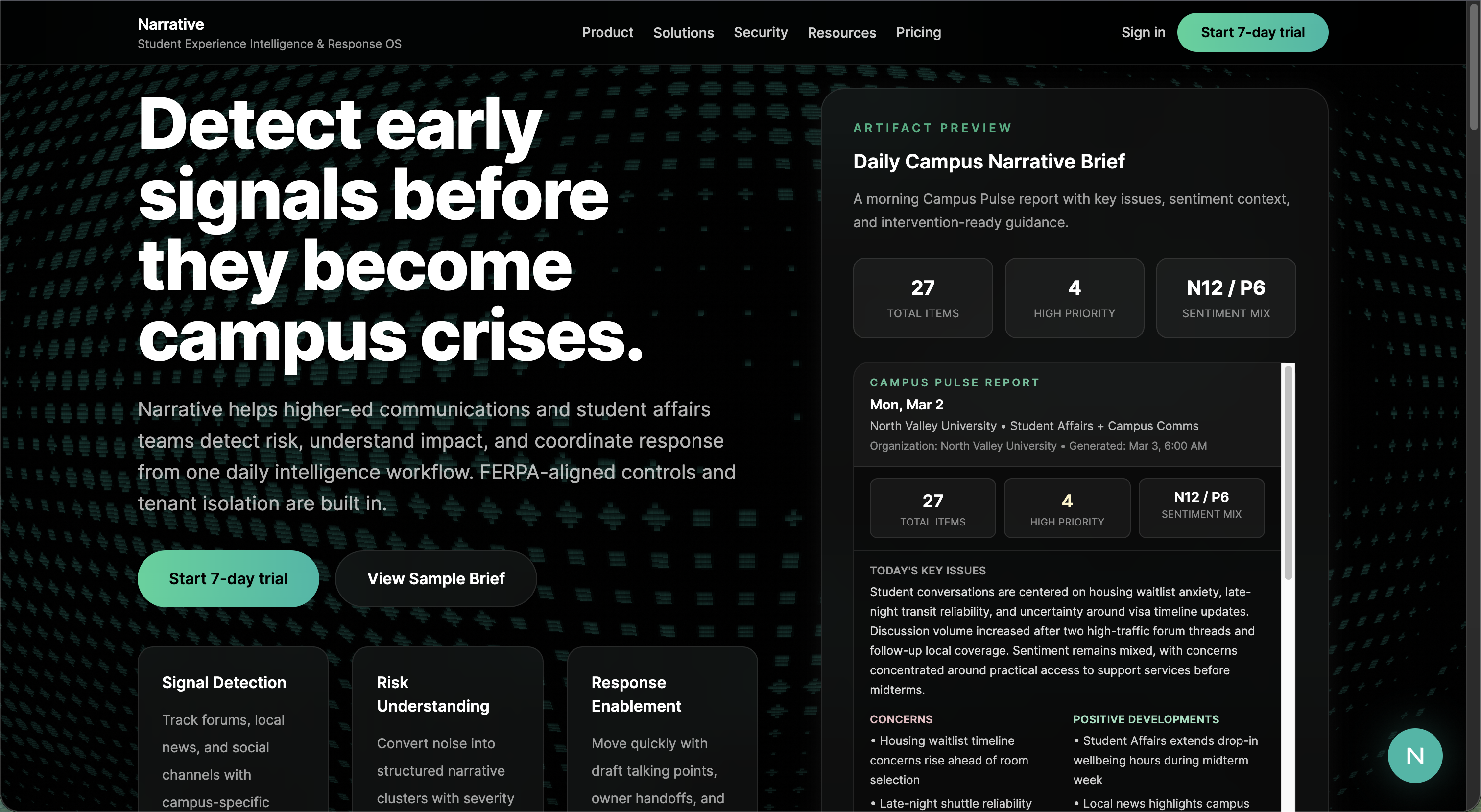 Narrative platform interface for higher-ed intelligence workflows